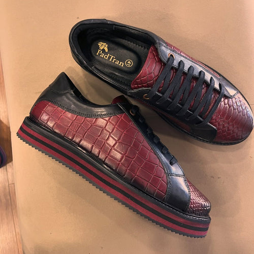 Luxury Croc-Embossed Leather Sneakers – Black & Burgundy