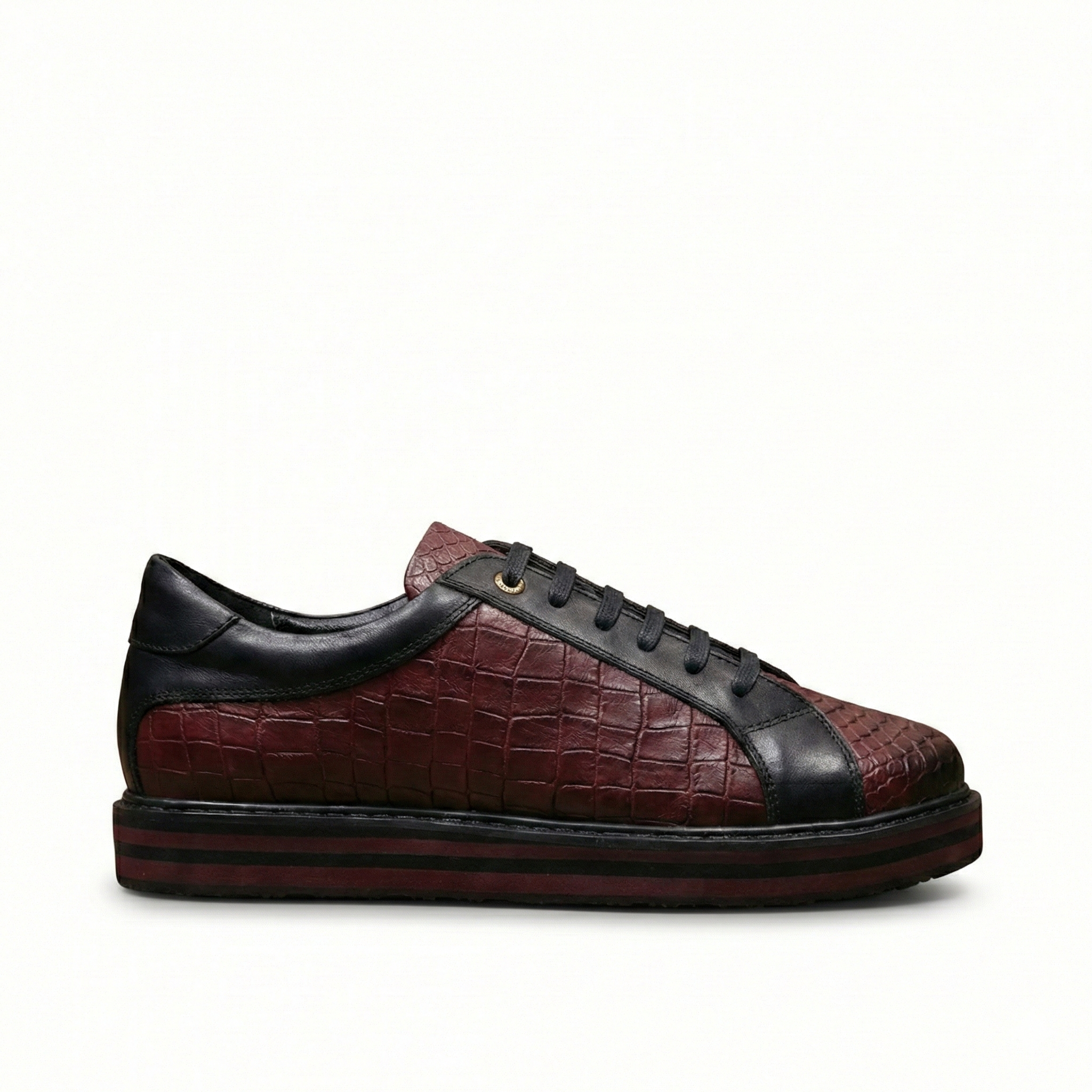 Luxury Croc-Embossed Leather Sneakers – Black & Burgundy