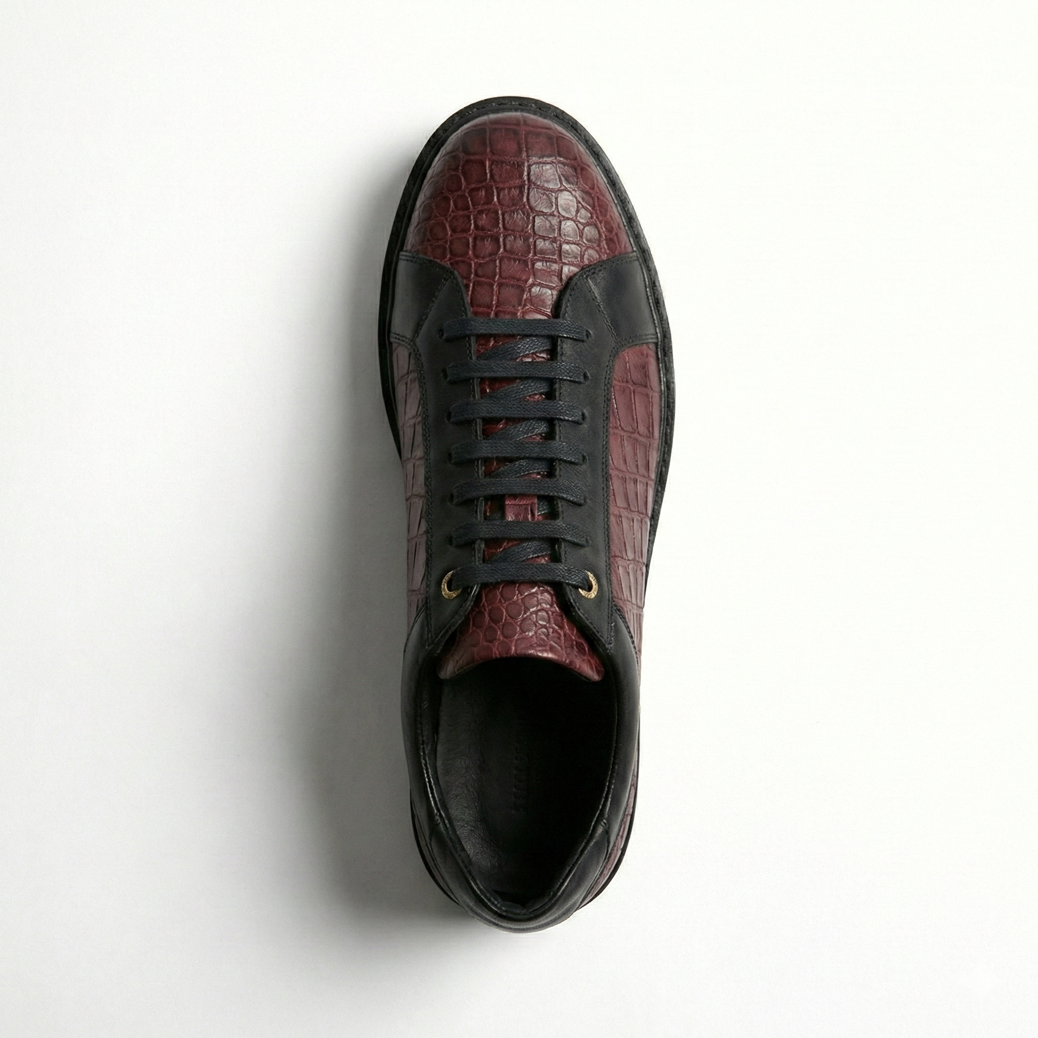 Luxury Croc-Embossed Leather Sneakers – Black & Burgundy