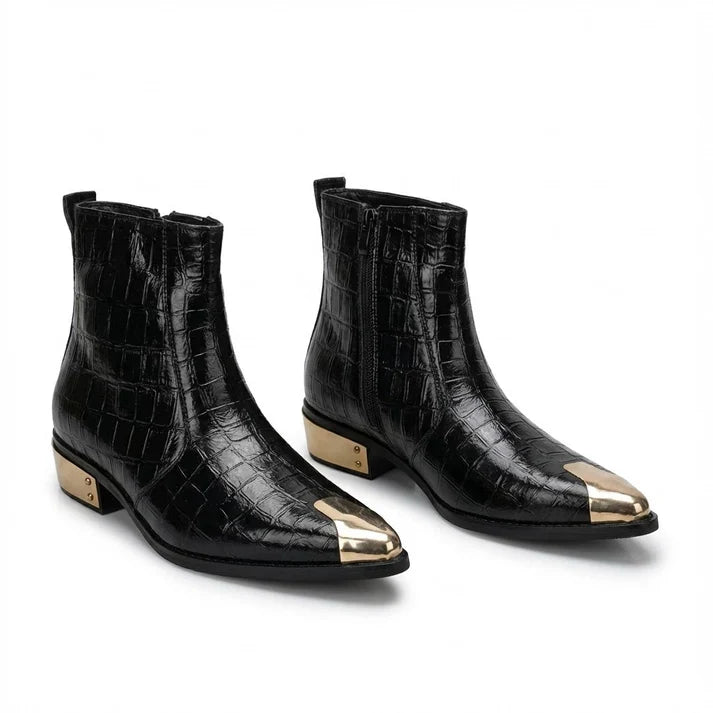 Textured Black Leather Chelsea with Gold Toe & Heel