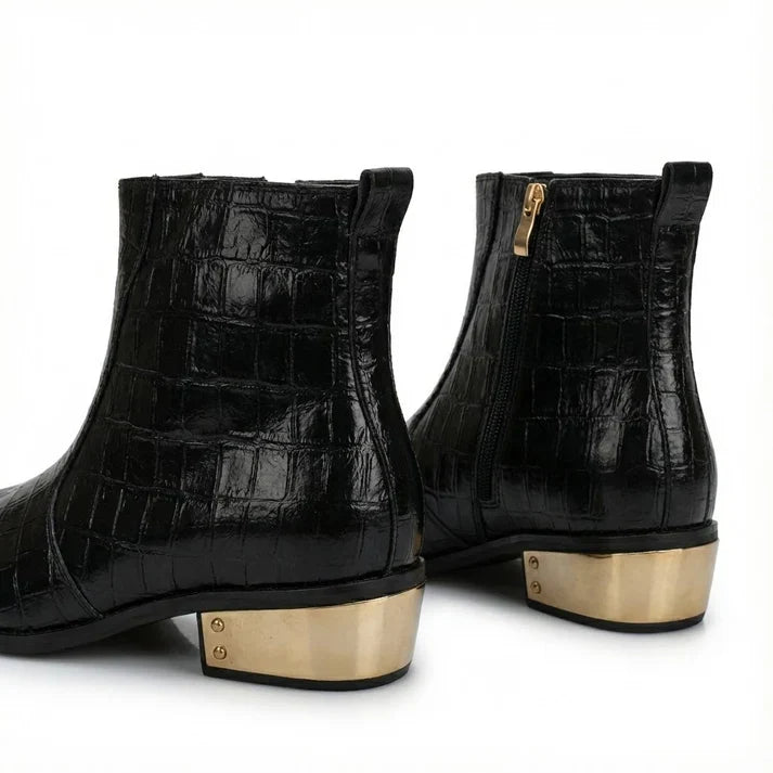 Textured Black Leather Chelsea with Gold Toe & Heel