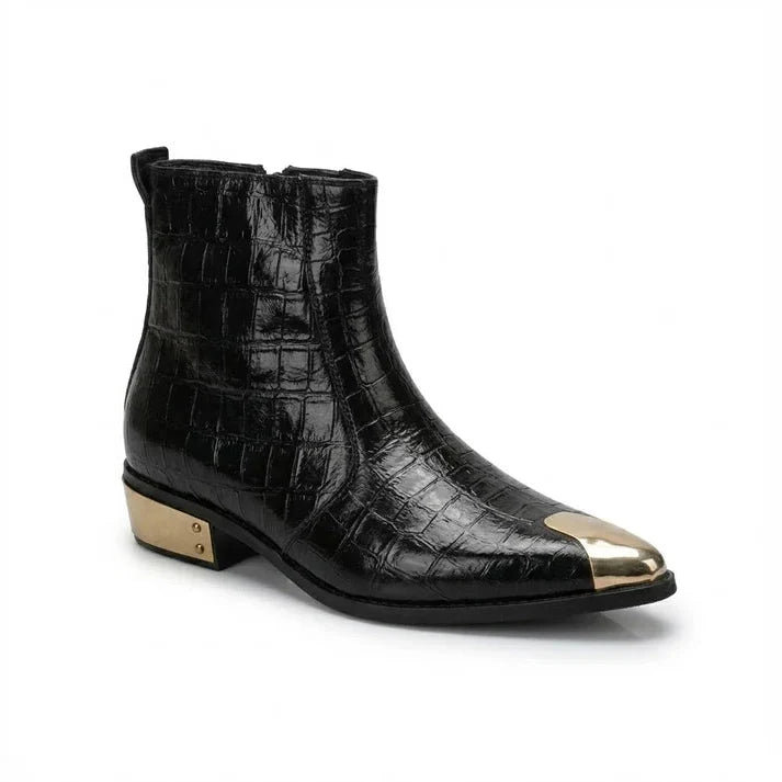 Textured Black Leather Chelsea with Gold Toe & Heel