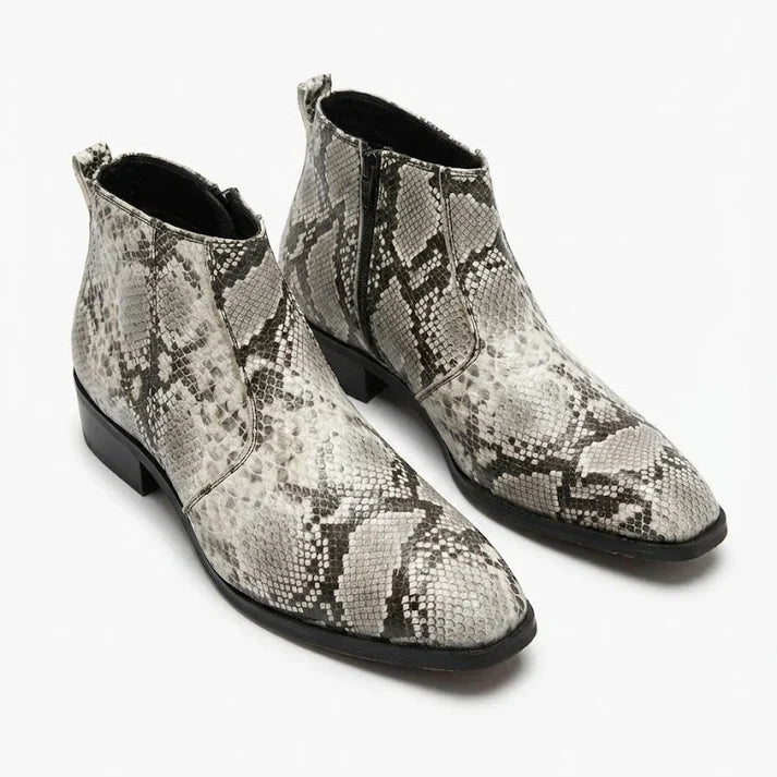 Tapered-Toe Snake-Pattern Leather Chelsea Boots