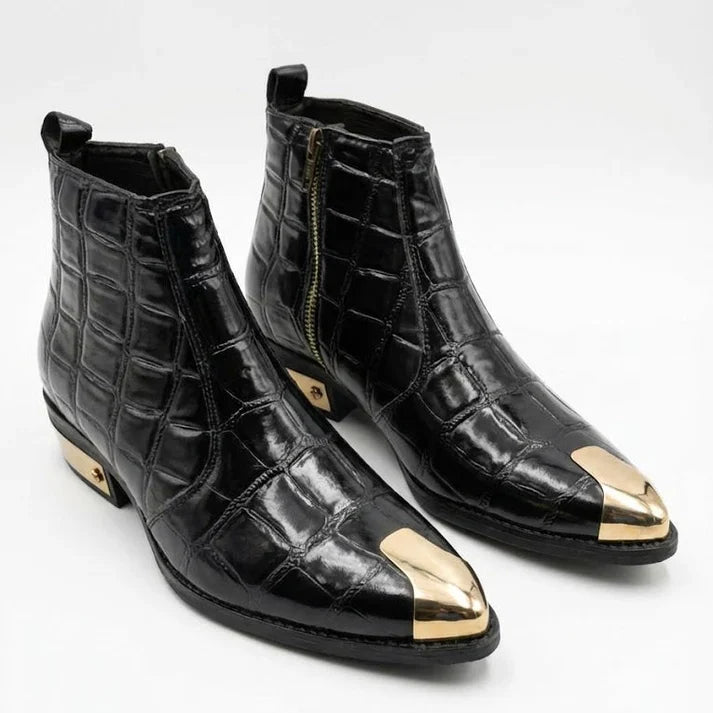 Patent Leather Chelsea Boots with Gold Toe & Heel