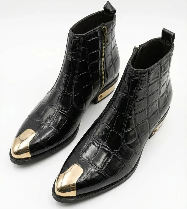 Patent Leather Chelsea Boots with Gold Toe & Heel