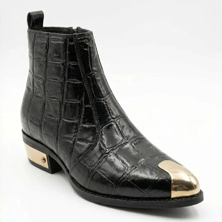 Patent Leather Chelsea Boots with Gold Toe & Heel