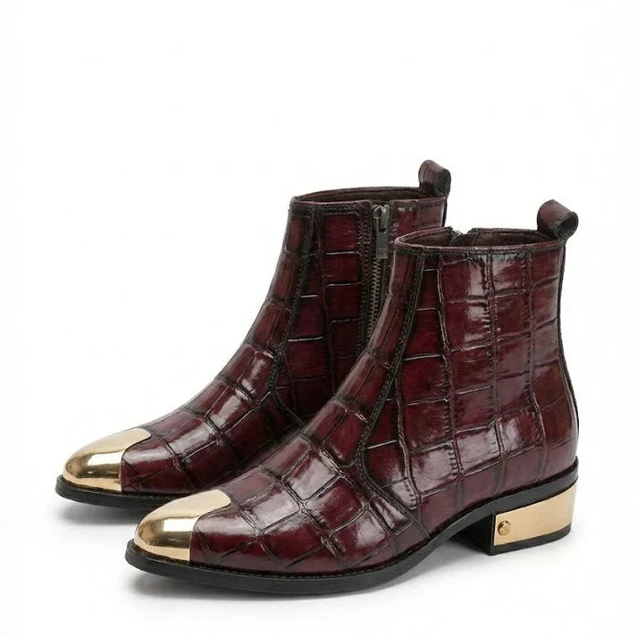 Textured Patent Leather Chelsea Boots with Gold Toe & Heel